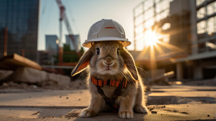 Naklejka premium A rabbit wearing a hard hat and harness. Generative AI.