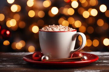 Obraz na płótnie Canvas Christmas white cup of hot chocolate on the table with blurred lights background
