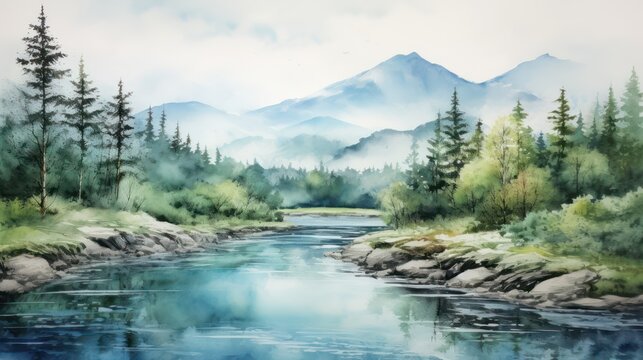 Beautiful watercolor landscape painting, filled with lush trees, flowing rivers, vibrant colors, during the morning and evening, when the sun shines, perfect for wall art and printing media.