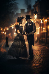 Skeleton couple having a stroll at night