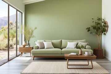 Scandinavian, mid-century home interior design of modern living room in farmhouse. Sofa with mint pillows and wooden side table.