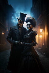 Skeleton couple having a stroll at night