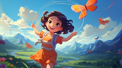 Obraz na płótnie Canvas A girl jumps on a rope against the background of flying butterflies and a beautiful sky. Fantasy concept , Illustration painting.