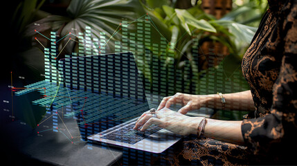 Elegante mujer trabaja en el jardín de su casa con su laptop y analizas datos financieros en un gráfico de barras que muestra la evolución de los negocios. Viste atractiva con fina bijouterie.