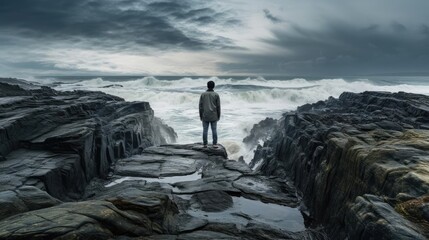 Man standing on the edge of a cliff in front of the ocean