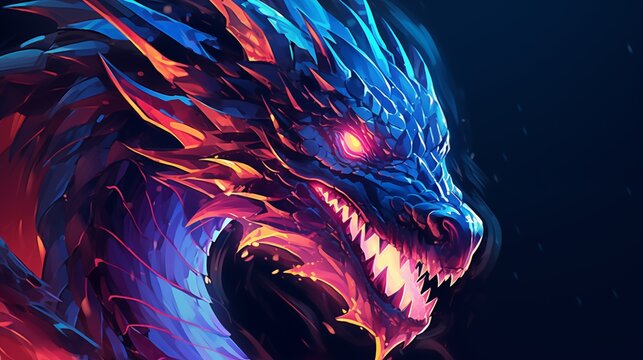 a bright blue, red and purple dragon with glowing eyes. Fantasy concept , Illustration painting.