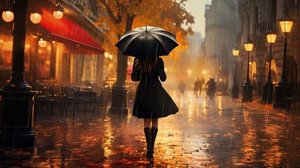 Girl with umbrella walking under the rain - obrazy, fototapety, plakaty