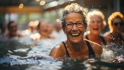 Obraz premium senior woman in swimming swimming pool with friends
