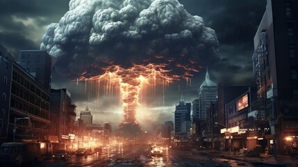 Terrible explosion of a nuclear bomb with a mushroom. Nuclear catastrophe