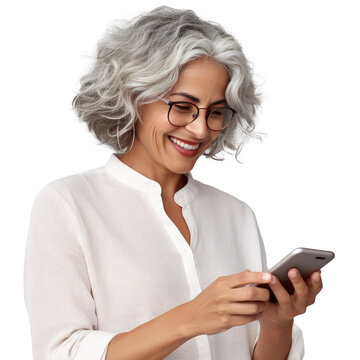 Older woman smiling and looking at her smartphone, transparent background (PNG)