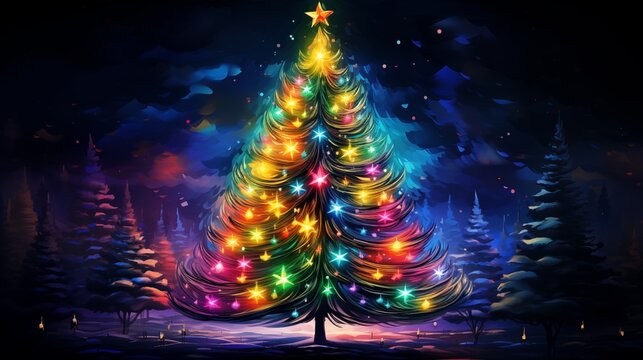 christmas tree with lights and colorful lights in the forest. Fantasy concept , Illustration painting.