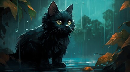 black cat sitting under a rainy waterfall. Fantasy concept , Illustration painting.