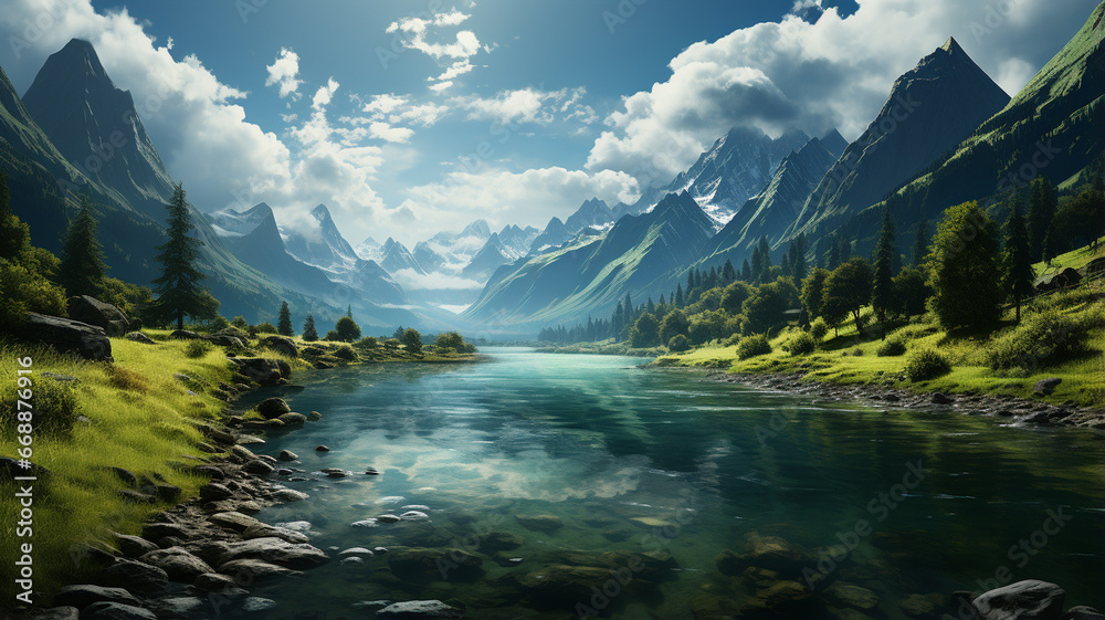 Wall mural beautiful mountain river. summer mountain landscape.