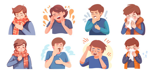 A collection of young male characters expressing the symptoms of colds and flu: sneezing, coughing and fever. Flat vector illustration isolated on white background - obrazy, fototapety, plakaty