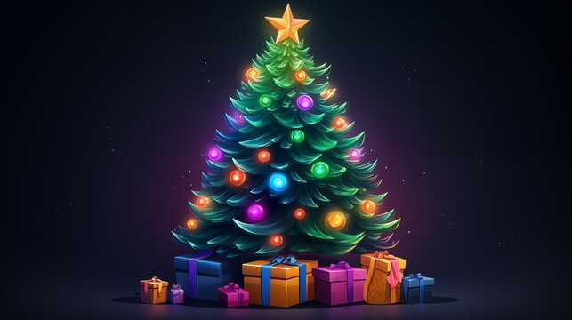 an image showing a christmas tree with a bunch of presents around it. Fantasy concept , Illustration painting.