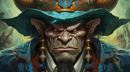 a very powerful character in a hat with horns. Fantasy concept , Illustration painting.
