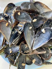 Closeup on empty Mussles Shells, abstract food background, eaten mussles