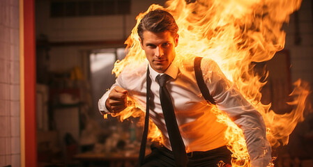Hombre joven apuesto con traje ardiendo rodeado de fuego