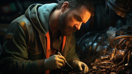 A mechanic repairing a car engine. Fantasy concept , Illustration painting.