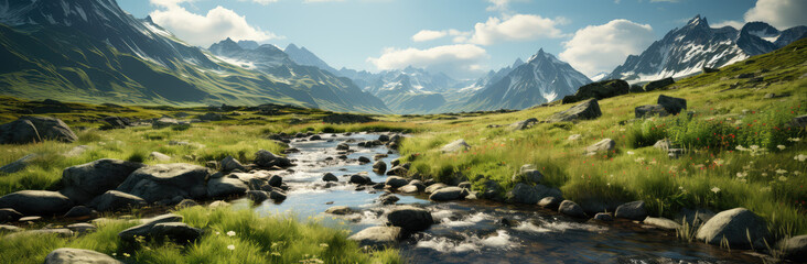 A Spring Alps Landscape, Unfolding the Fresh Embrace of Spring Over Majestic Alpine Peaks, Crafted by Generative AI