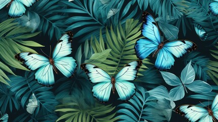 Blue butterflies on a dark background with green plants. Design for web, wrapping paper, cover, textile, fabric, wallpaper. Image generated with AI