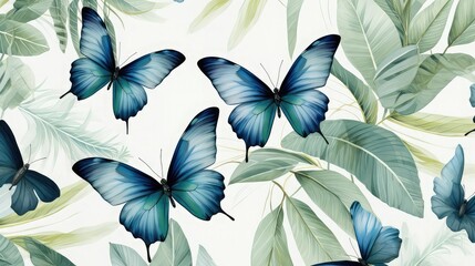 Blue butterflies on a white background with green tropical plants.  Design for web, wrapping paper, cover, textile, fabric, wallpaper. Image generated with AI