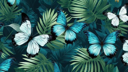 Blue butterflies on a dark background with green rainforest plants. Design for web, wrapping paper, cover, textile, fabric, wallpaper. Image generated with AI