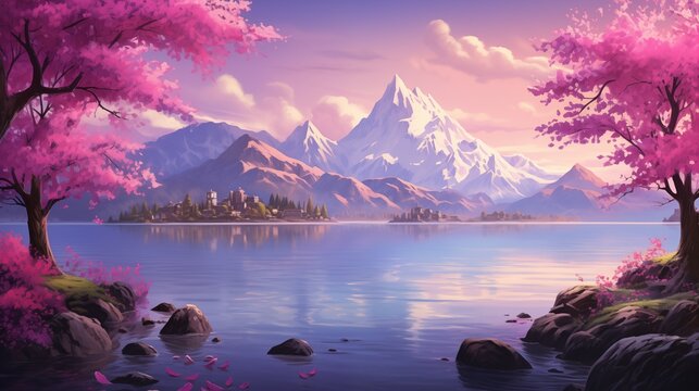 a lake and mountains with pink trees and pink flowers. Fantasy concept , Illustration painting.