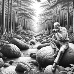 drawing of a man sitting on a large boulder, playing a harmonica, with a dense forest and a sparkling stream flowing in the background - obrazy, fototapety, plakaty