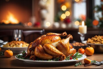 thanksgiving turkey chicken with potatoes and rosemary - obrazy, fototapety, plakaty