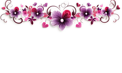 Border in the form of horizontal flowers and hearts on a white background