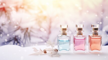 Stylish tender perfume composition with perfume bottles for Christmas, birthday celebration