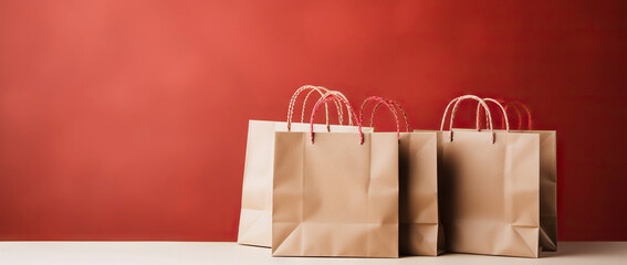 Elegant shopping bags lined up against a vibrant red backdrop.