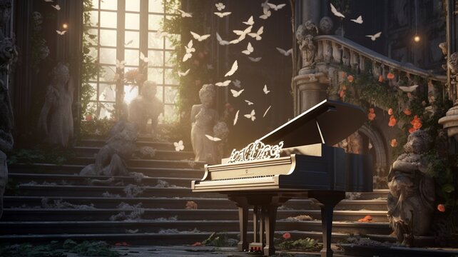 A grand piano with open lid and hummingbird Ai generated art