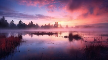 Fototapeta premium wetland, wide angle, dramatic lighting, twilight, misty, copy space, 16:9