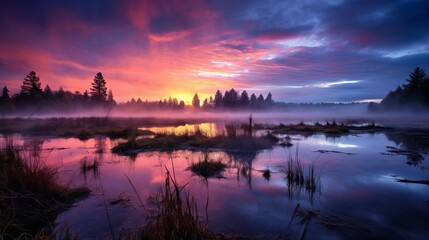Obraz premium wetland, wide angle, dramatic lighting, twilight, misty, copy space, 16:9