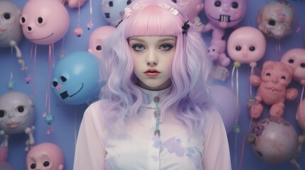 cute woman, pastel goth aesthetic, copy space, 16:9