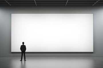 Obraz premium Businessman standing before long white blank poster mockup