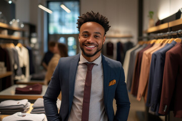 A delighted man examining tailored suits with a grin on his face, exploring the latest fashion trends for men - obrazy, fototapety, plakaty