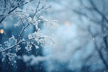 A snow covered tree in the middle of the night. Generative AI.