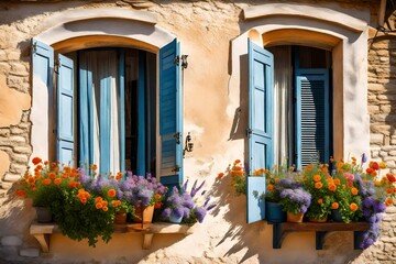 Fototapeta na wymiar Typical facade of the old Provencal retro house with windows and wooden shutters decorated with colorful fresh flowers in Provence