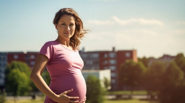 Pregnant woman practicing sports outdoors on a sunny summer day, wearing a pink t-shirt. Motherhood. Lifestyle. Image generated with AI