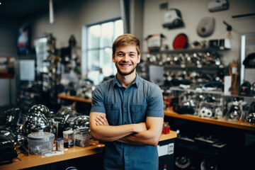 A smiling male salesperson stands among car accessories, ready to assist customers with a wide range of automotive products - obrazy, fototapety, plakaty