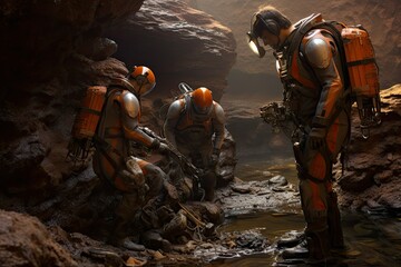 Astronaut and diver in the cave, 3D rendering, astronauts exploring a gully on another planet, astronaut exploring rust colored caves and rocks, Artemis space program,  Adventure