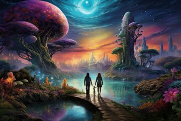 Fantasy landscape with a man and a woman with their child walking along the path, Fantasy alien planet, Fantasy landscape, Loving couple in front of a magic tree - obrazy, fototapety, plakaty