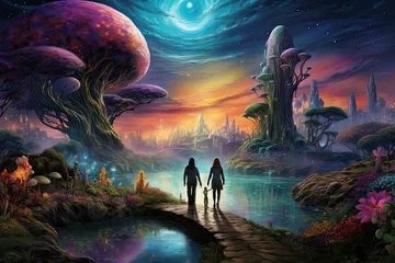 Foto op Canvas Fantasy landscape with a man and a woman with their child walking along the path, Fantasy alien planet, Fantasy landscape, Loving couple in front of a magic tree © Jahan Mirovi