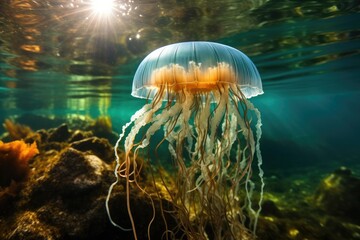Fototapeta na wymiar A jellyfish swimming in the ocean with sun shining through the water. Generative AI.