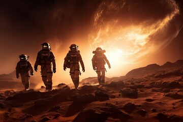 Astronauts in the desert, 3D illustration, astronauts exploring the surface of Saturn's Titan, A team of astronauts arrives on Mars and discovers, Astronauts on a remote planet - obrazy, fototapety, plakaty
