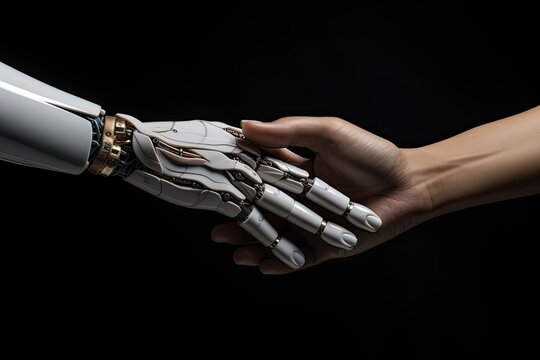 Close up of robot hand touching human hand on black background, artificial intelligence concept, In a tender moment witness of a Hand of Robot and Human hand touching, friendship