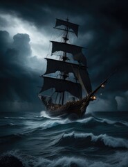 pirate ship in the storm at night background photo - obrazy, fototapety, plakaty
